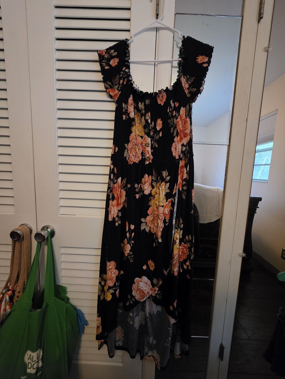 Black Floral High-Low Maxi Dress with Smocked Bodice